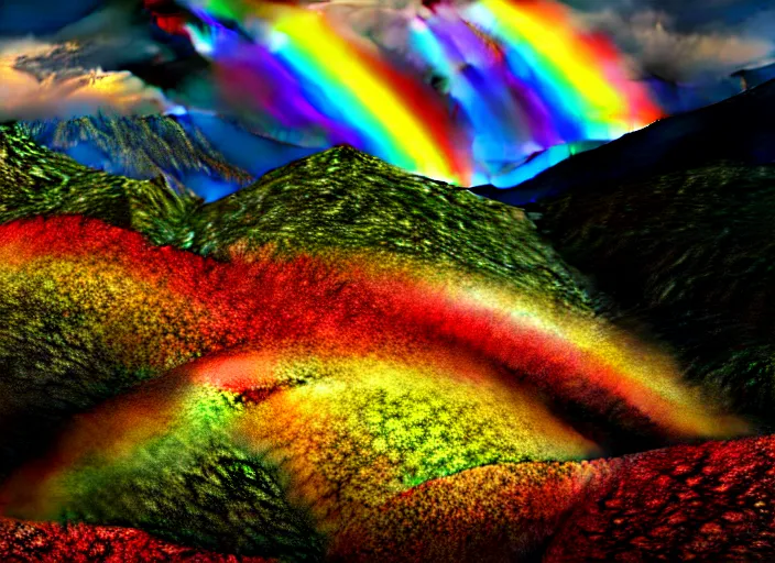 Image similar to hyperrealism, detailed textures, a rainbow over a valley in nepal, a gentle river winding through rolling hills with yellow red and blue flowers, sharp focus, ultra realistic, ultra high pixel detail, cinematic, intricate, cinematic light, concept art, illustration, art station, unreal engine 8 k