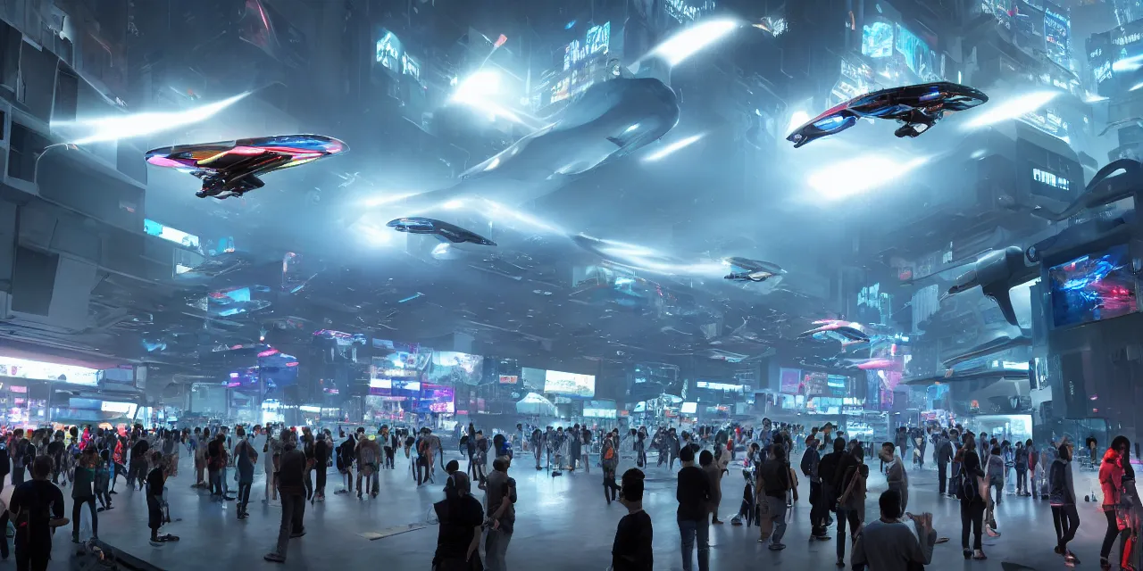 Image similar to cyberpunk exhibition full of hundreds of different hovercars, crowd watching and walking around exhibition site, enthusiastic spectators watching the race of flying vehicles in background, in the year 3 0 0 0, very high details, volumetric fog, raytracing, back light, raymarching, by ilm, by digital domain, by weta digital