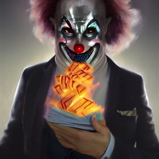 Image similar to epic portrait a clown masked man in a suit burning stack of cash, glowing, steam digital painting, artstation, concept art, soft light, hdri, smooth, sharp focus, illustration, fantasy, intricate, elegant, highly detailed, D&D, matte painting, in the style of Greg Rutkowski and Alphonse Mucha and artemisia, 8k, highly detailed, jurgens, rutkowski, bouguereau, pastoral, rustic, georgic