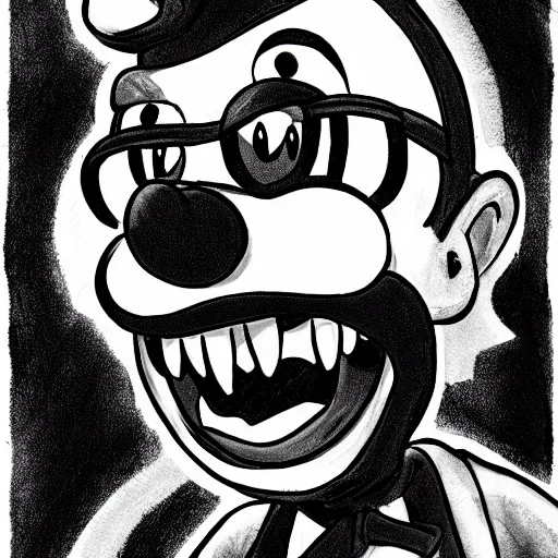 Prompt: a Pop Wonder scary horror themed goofy-hilarious-character MarioWarioWaluigi, dime-store-comic drawn with charcoal and pen and ink, half-tone-line-stacking