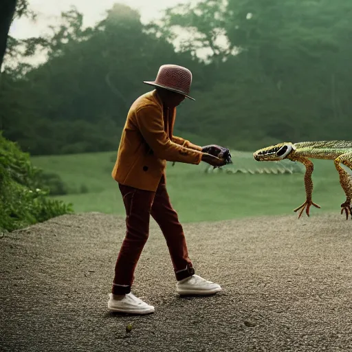 Image similar to cinematic film still of Pharrell Williams holding a lizard while Making A Beat with an anthropomorphic alien, Japanese VFX, 2018, 400mm lens, f1.8, shallow depth of field,film photography