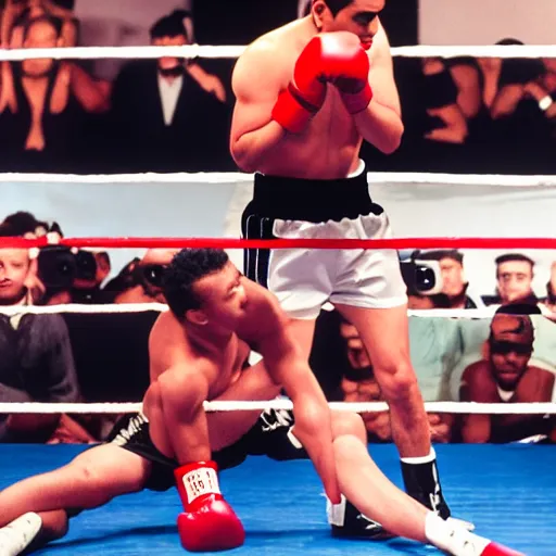 Image similar to jake paul vs mohammed ali, brutal boxing match, sports photography, sweat flying, hd high detail, professional photo