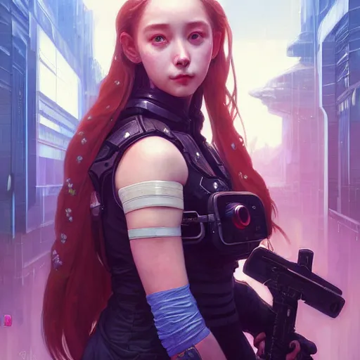 Image similar to portrait painting of cyberpunk chuu loona as a cheerful smiling mercenary, ultra realistic, concept art, intricate details, eerie, highly detailed, photorealistic, octane render, 8 k, unreal engine. art by artgerm and greg rutkowski and magali villeneuve and alphonse mucha