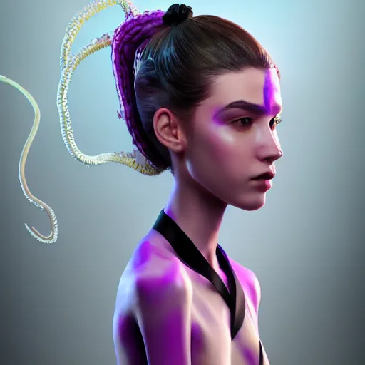 Image similar to artstation young teen with purple eyes and tiny and very thin tentacles on her head, furious, very detailed, portrait, high contrast, unreal engine 5