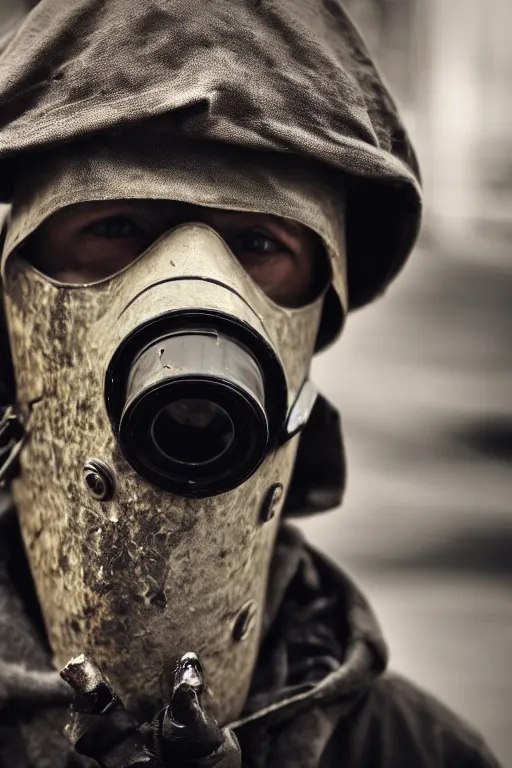 Image similar to an award winning portrait photo of a homeless person wearing a gas mask and hard helmet, 4 k, high quality, sharp focus