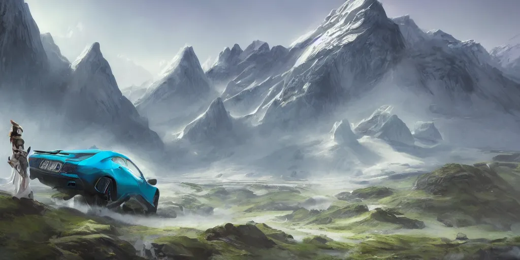 Prompt: wide angle, blue knight, green hatchback car, glacier landscape, norway, D&D, fantasy, intricate, elegant, highly detailed, digital painting, artstation, octane render, concept art, matte, sharp focus, illustration, hearthstone, art by Artgerm and Greg Rutkowski and Alphonse Mucha