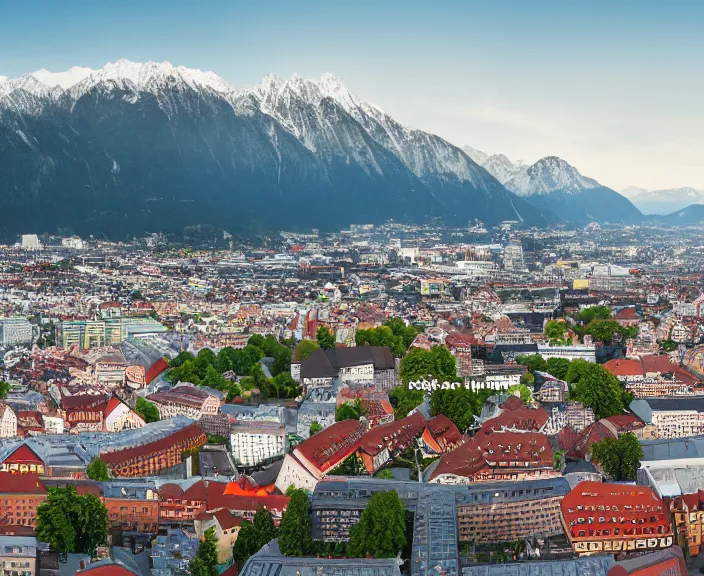 Prompt: 4 k hd, high detail panoramic photograph of innsbruck, shot with sigma f / 4. 2, 2 5 0 mm sharp lens, wide shot, volumetric lighting, high level texture render, unreal engine