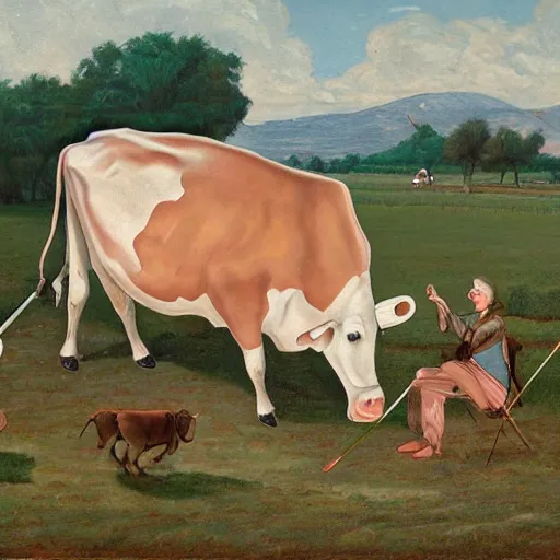 Image similar to painting of a big cow with a long curved neck playing violin in a medivial styled field with three peasants spitting on it's face