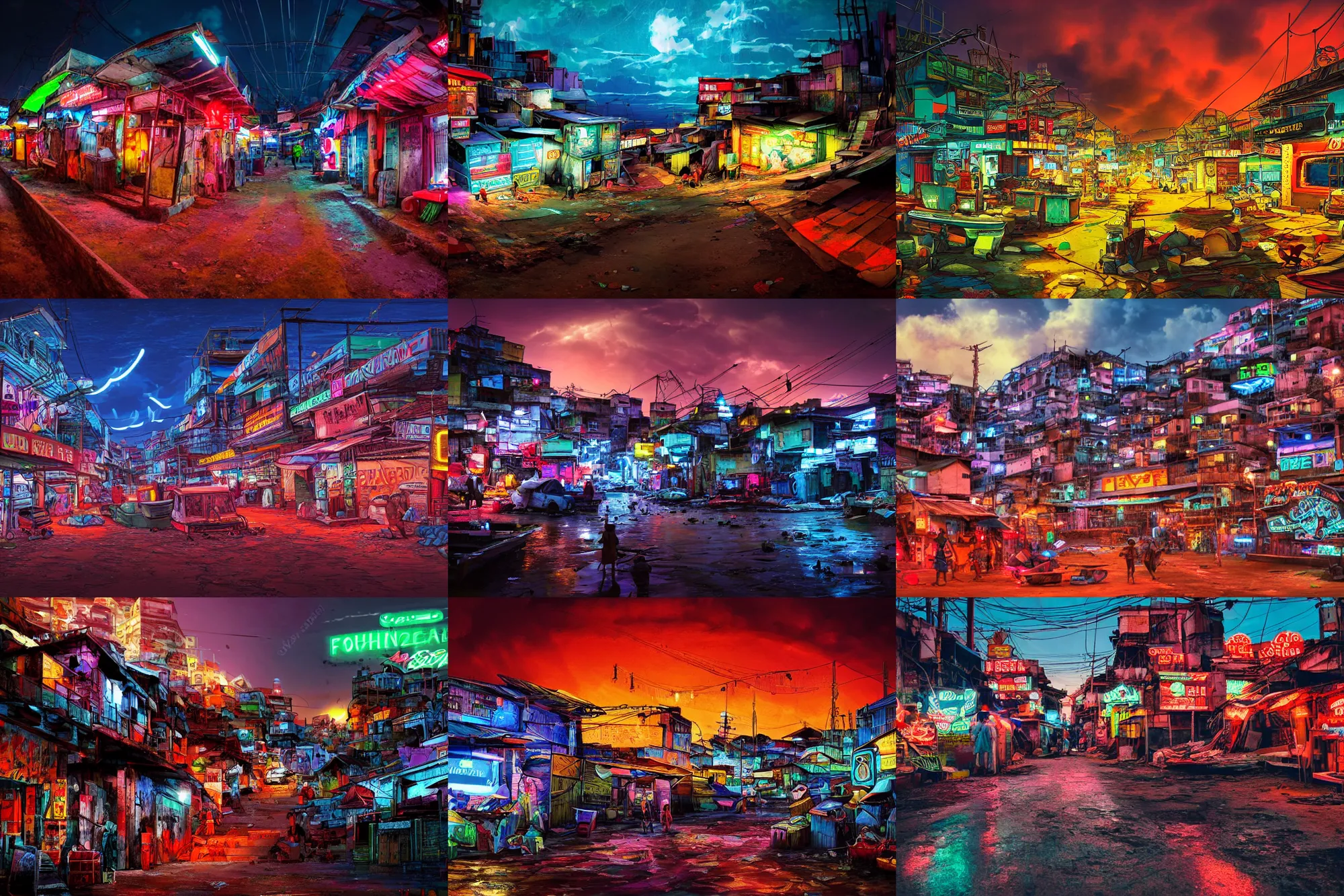 Prompt: wide angle shot, futuristic fishing village, neon signs, at night, slums, favelas, epic sky, intricate detailed art, digital art