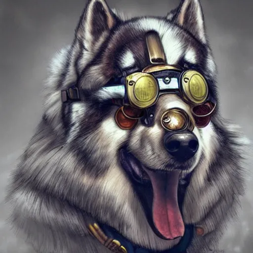 Prompt: a alaskan malamute with steampunk googles, by ROSS tran