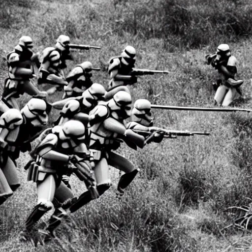 Image similar to star wars clone troopers combat soldiers in vietnam, photo, old picture, lush landscape, jungle, firearms, explosions, helicopters, aerial combat, active battle zone, flamethrower, air support, jedi, land mines, gunfire, violent, star destroyers, star wars lasers, sci - fi, jetpacks, agent orange, bomber planes, smoke, trench warfare