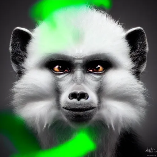 Image similar to fox as a monkey, fluffy white fur, black ears, stunning green eyes, extremely long white tail with black tip, award winning creature portrait photography, extremely detailed, artstation, 8 k, sensual lighting, incredible art, wlop, artgerm