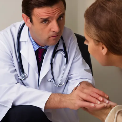 Prompt: a stock image photograph of a doctor diagnosing a terrified patient with being british
