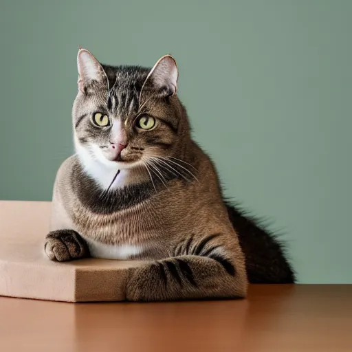 Image similar to Cat looking disappointed, on kitchen table, 40nm lens, shallow depth of field, split lighting, 4k,