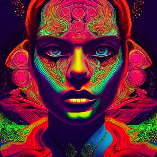 Image similar to An extremely psychedelic portrait, surreal, LSD, face, detailed, intricate, elegant, lithe, highly detailed, digital painting, artstation, concept art, smooth, sharp focus, illustration, art by Kilian Eng