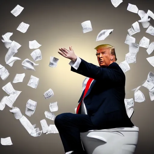 Image similar to stunning awe inspiring donald trump throwing papers into the toilet, movie still, 8 k hdr atmospheric lighting