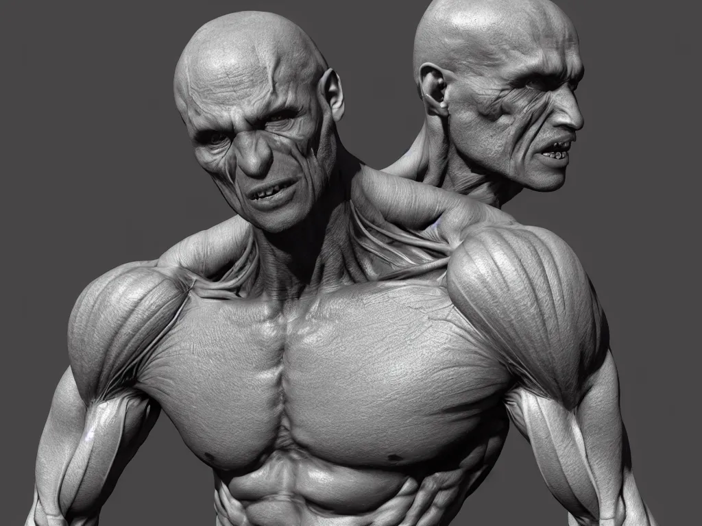 Prompt: muscular body, isopod exoskeleton, mesomorph, chiroptera head, chiroptera ears, big sharp teeth, hyperrealism, artstation, cgsociety, zbrush, no background