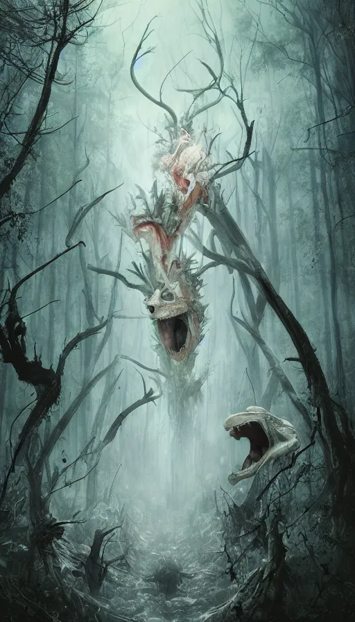 Prompt: a storm vortex made of many demonic eyes and teeth over a forest, by ryohei hase