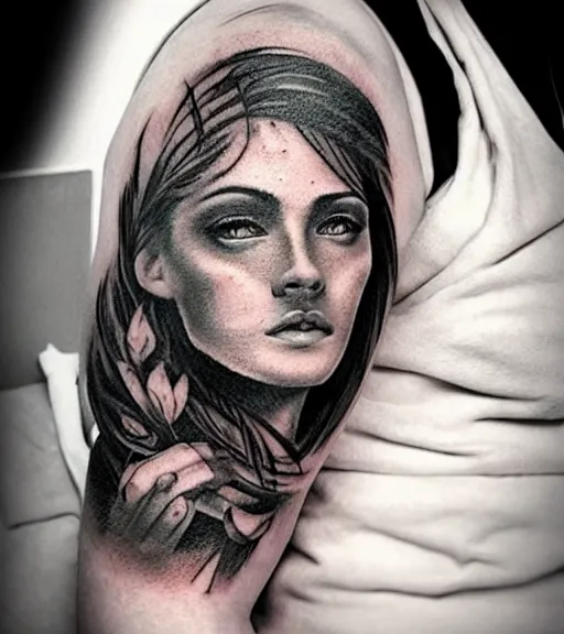 Prompt: tattoo design sketch of a beautiful woman face faded with a background of beautiful mountains and nature, hyper - realistic, in the style of den yakovlev, amazing detail, black and white