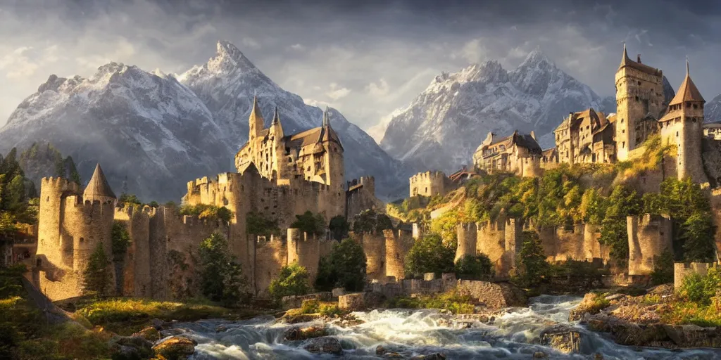 Prompt: medieval walled city nestled in a mountain with small river flowing through it, large castle in a mountain peak in the background, alpine architecture, very beautiful, intricate, majestic, concept art, trending on art station