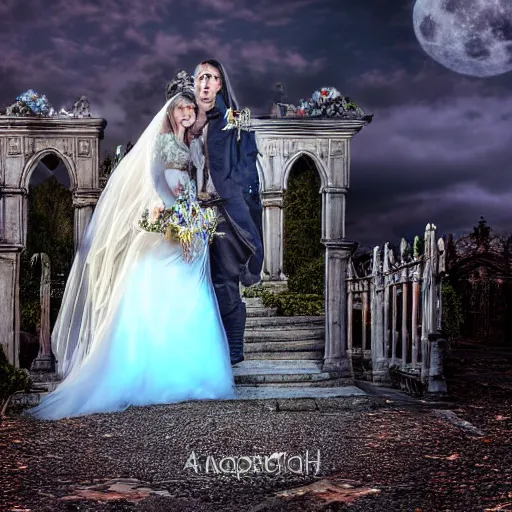 Prompt: a gothic wedding under a full blue moon, realistic, award - winning, 4 k, high resolution, hdr photograph