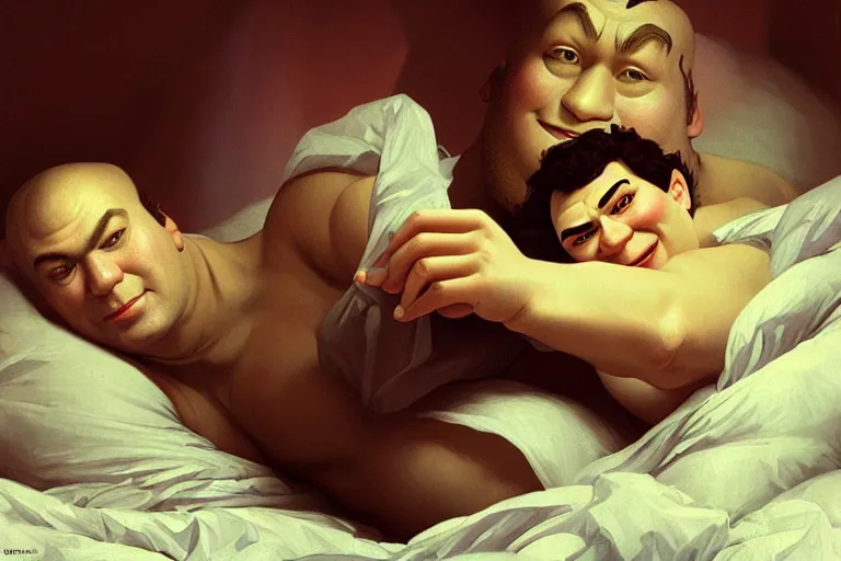 Image similar to russian poet alexander pushkin and shrek together in bed, portrait, highly detailed, digital painting, artstation, concept art, smooth, sharp focus, illustration, cinematic lighting, art by artgerm and greg rutkowski and alphonse mucha