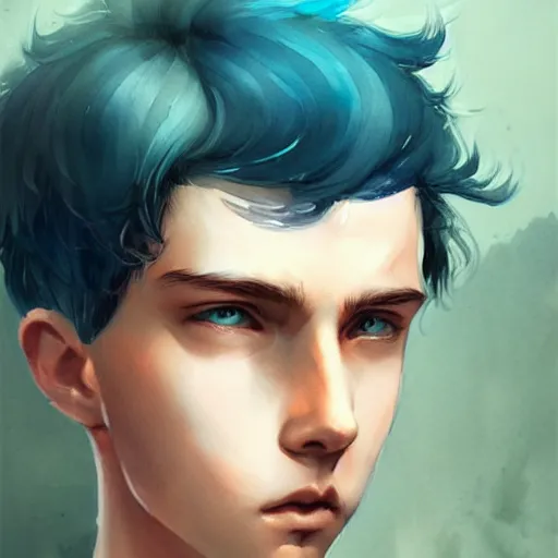 Prompt: teen boy, childish, blue hair, short hair, serious, intricate, ethereal, highly detailed, sharp focus, artstation, watercolor, by charlie bowater and ross tran