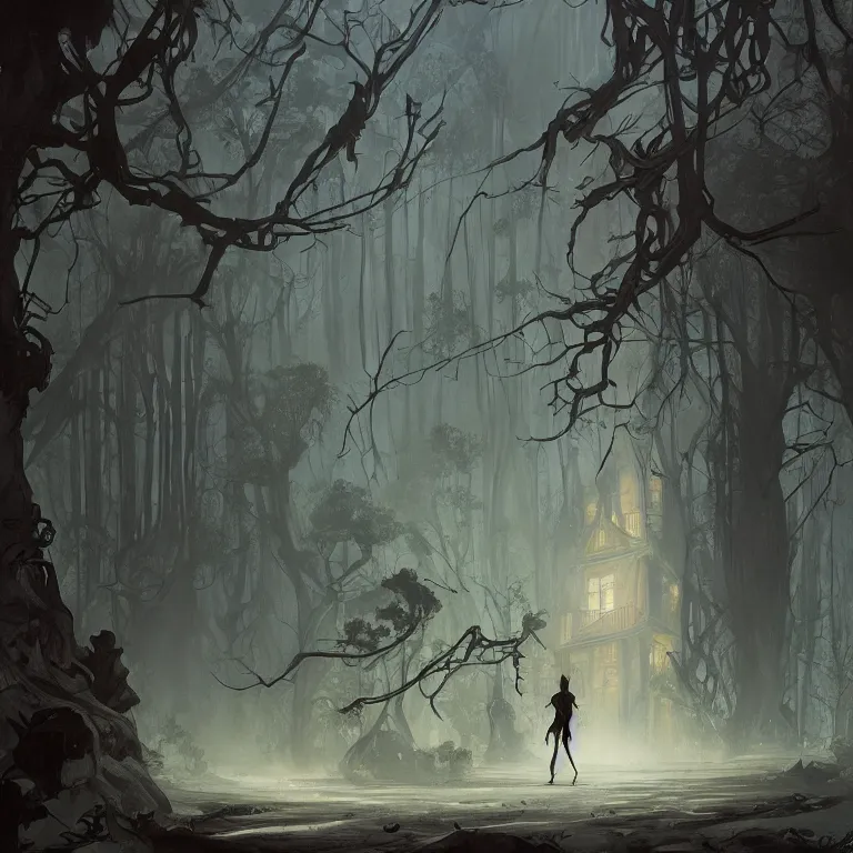 Image similar to a lone figure standing in front of a haunted victorian house in a dense dark forest, concept art, by Peter Mohrbacher and Alphonse Mucha, detailed, style, 8k, trending on artstation, unreal engine 4k, detailed, clean background trending, full shot, symmetrical portrait, sophisticated, Unreal engine, dystopia, anti-utopia, post processing, psychadelic