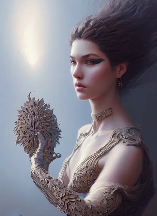 Image similar to portrait of female in wearable art, intricate details, elegant, highly detailed, digital photography, artstation, glamor pose, concept art, smooth, sharp focus, art by artgerm and greg rutkowski