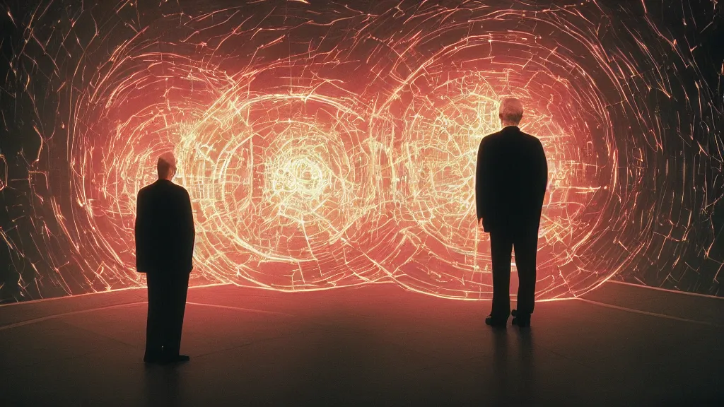 Prompt: movie scene of a man standing in front of a multiverse machine, movie still, cinematic composition, cinematic light, pastel color scheme, by David Lynch