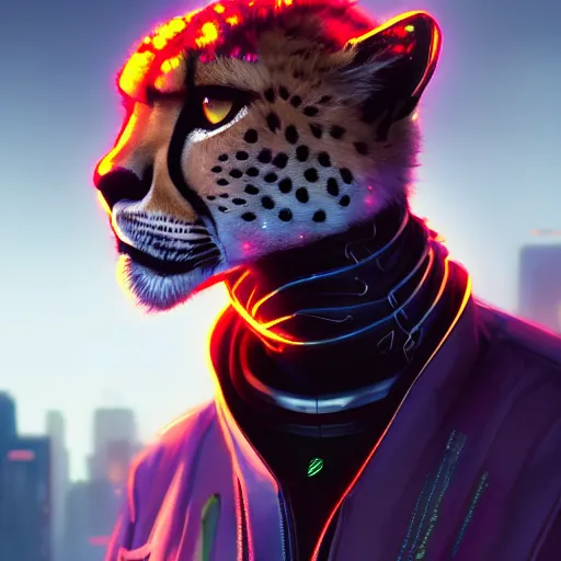 Image similar to a beautiful commission of a male anthropomorphic cheetah wearing a neon jacket,futuristic,detailed face,character design by charles bowater,mohawk,cyberpunk style,deviantart,artstation,art by greg rutkowski,ross tran,professional lighting,neon city,night,raytracing,rtx,highly realistic,4k,dramatic,hyperrealism