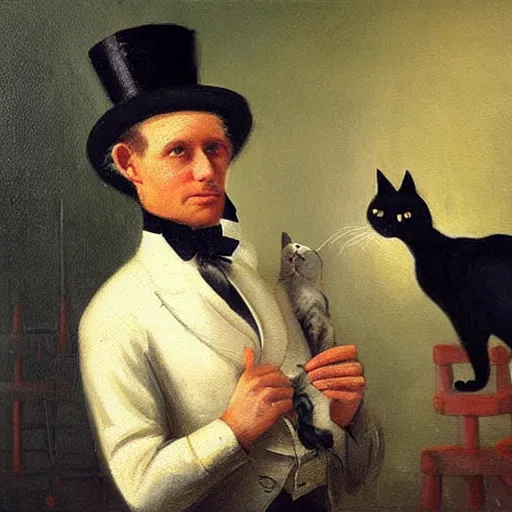 Image similar to an oil painting of a man in a factory looking at a cat wearing a top hat