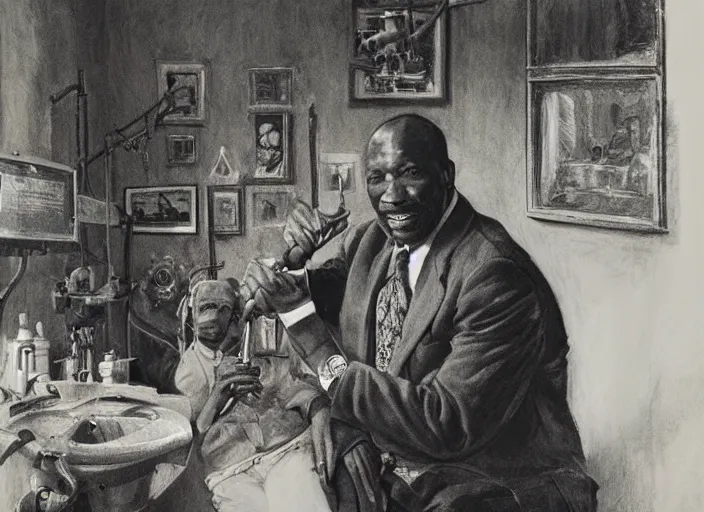 Prompt: a highly detailed black portrait of a dentist, james gurney, james jean