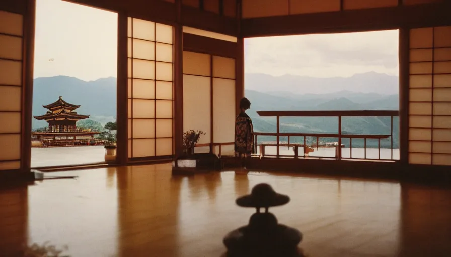 Prompt: 1 9 9 0 s candid 3 5 mm photo of a beautiful day in the family kitchen, cinematic lighting, a japanese pagoda temple bursts through the floor, a pagoda is in the living room, cinematic look, golden hour, uhd