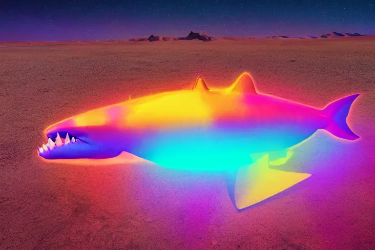 Prompt: a holographic projection of a huge colorful lucid shark made of light beams appears in the desert at night, a man is stunned, by beeple, highly - detailed, fantasy