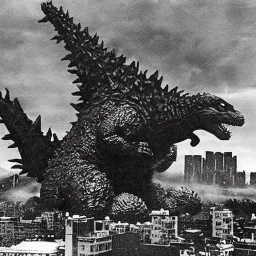 Prompt: godzilla waving while destroying a city