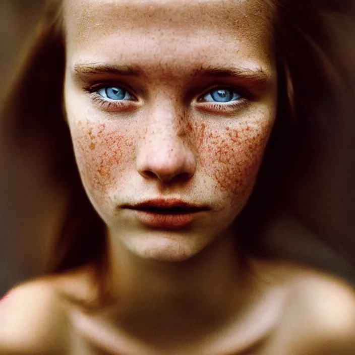 Image similar to Kodak Portra 400, 8K, highly detailed, britt marling style 3/4 dramatic photographic Close-up face of a extremely beautiful girl with clear eyes and brown hair , high light on the left, illuminated by a dramatic light, Low key lighting, light dark, High constrast, dramatic , Steve Mccurry, Lee Jeffries , Norman Rockwell, Craig Mulins ,dark background, high quality, photo-realistic.