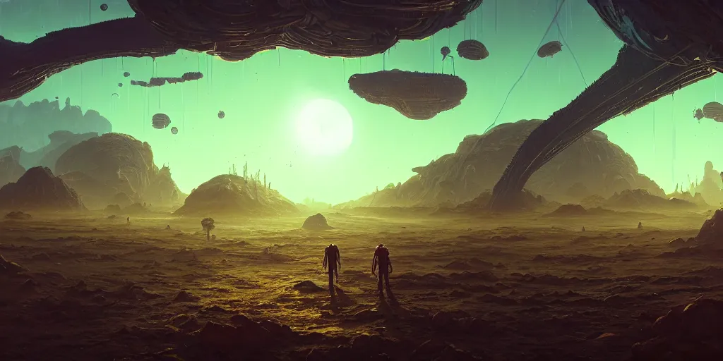 Image similar to an amazing alien landscape, digital art, breathtaking, extremely detailed, digital paintinghyperrealistic, dynamic lighting, particles, unreal engine, simon stålenhag, rendered by Beeple, Makoto Shinkai, syd meade, simon stålenhag, environment concept, trending on artstation, octane render, 4K UHD image