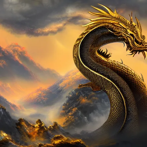 Image similar to a landscape painting of a golden serpent dragon winding through the air in a mountain range, chinese dragon, intimidating clouds, ultrawide angle, depth of field, in a luminist style, 4 k, artstation