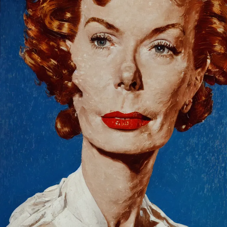 Prompt: close up studio portrait of Katherine Hepburn, age 30, gorgeous face, wearing an Issey Miyake dress in 1985, impasto heavy brushstrokes oil painting by Norman Rockwell and Tim Hawkinson and Cy Twombly, Intense colors trending on artstation dramatic lighting Expressionism