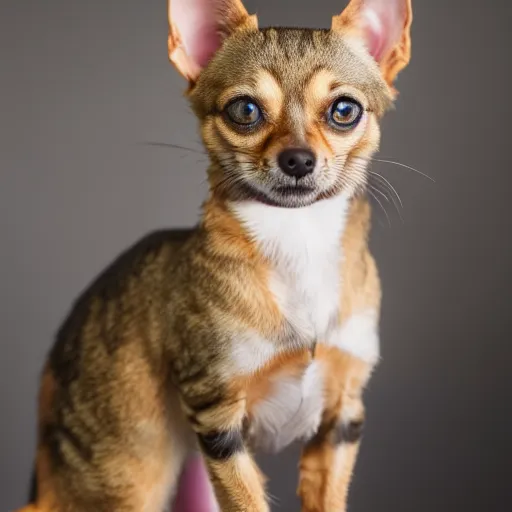 Image similar to studio photo of a tabby cat chihuahua hybrid, 4k