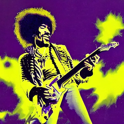 Image similar to Jimi Hendrix sitting on the rings of Saturn playing \'Purple Haze\' on his electric guitar by Moebius