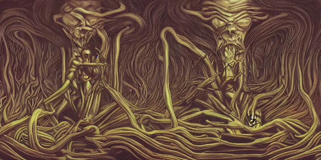 Image similar to Sega Mega Drive Genesis game of Twin Peaks in the style of H.R. Giger, Zdzislaw Beksinski, Junji Ito and Todd McFarlane