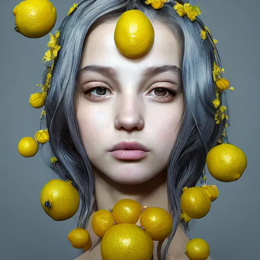 Image similar to the portrait of an absurdly beautiful, graceful, elegant, sophisticated, young teen girl made up of lemons looking up, an ultrafine hyperdetailed illustration by kim jung gi, irakli nadar, intricate linework, bright colors, octopath traveler, final fantasy, unreal engine 5 highly rendered, global illumination, radiant light, detailed and intricate environment