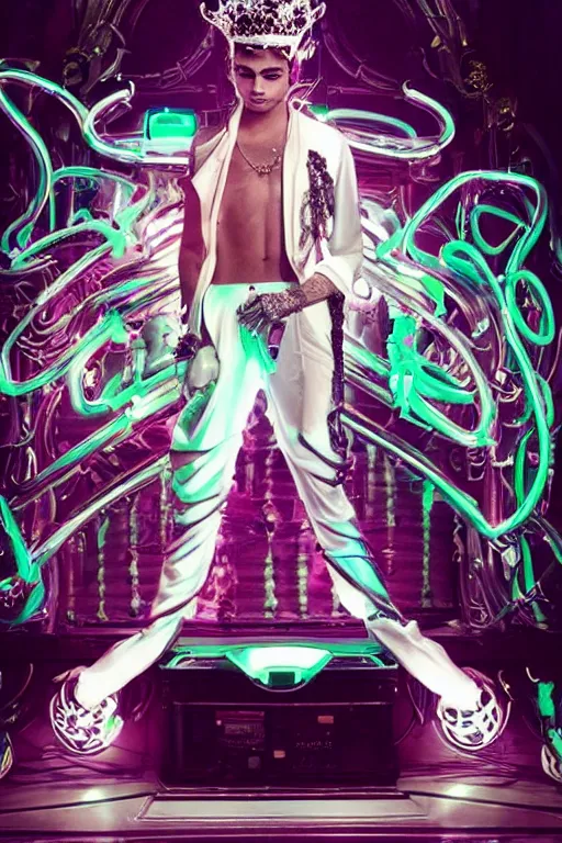 Prompt: full-body rococo and cyberpunk style neon statue of a muscular attractive Zayn Malik macho dotado e rico android sim roupa reclining con las piernas abertas e la piroca dura, glowing white lasers, glowing eyes, silver prince crown, silver steampunk gears, white diamonds, swirling mint-colored silk fabric. futuristic elements. black dripping tar. full-length view. space robots. human skulls. intricate artwork by caravaggio. Trending on artstation, octane render, cinematic lighting from the right, hyper realism, octane render, 8k, depth of field, 3D