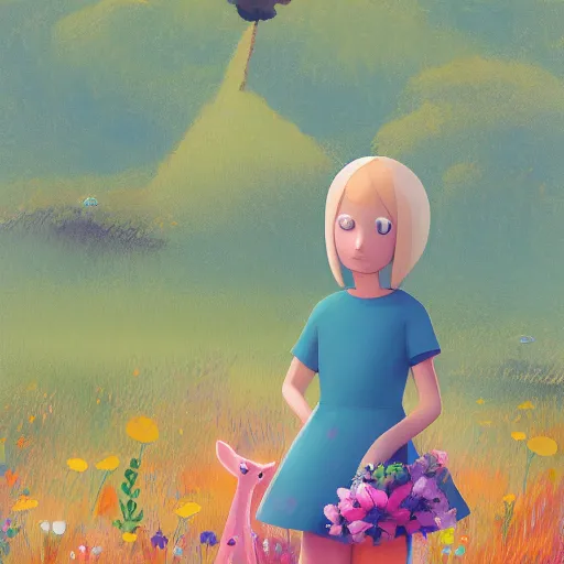 Image similar to organic by goro fujita. a digital art of a young girl with blonde hair, blue eyes, & a pink dress. she is standing in a meadow with flowers & trees.