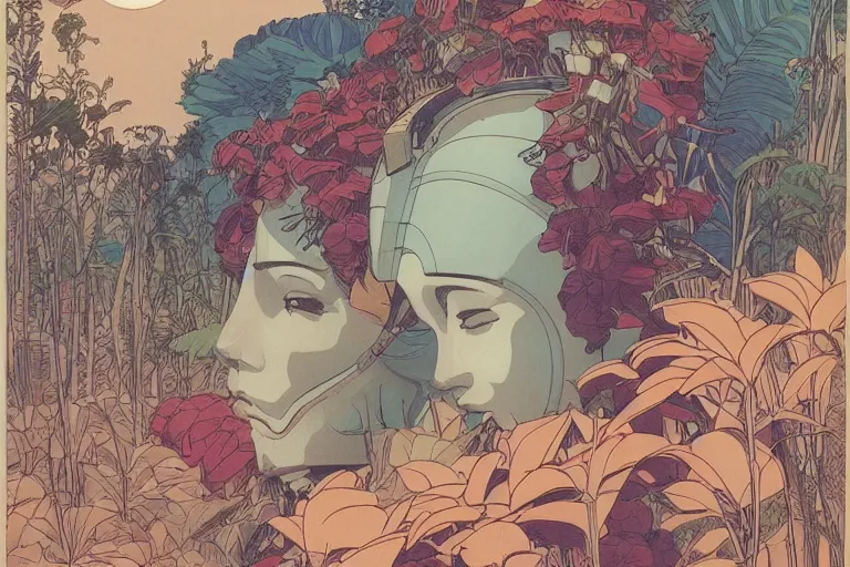 Prompt: gigantic woman head, a lot of exotic vegetation around, trees, tremendous mecha robot, flowers, risograph!, oldschool vintage sci - fi flat surreal design, super - detailed, painting by moebius and satoshi kon