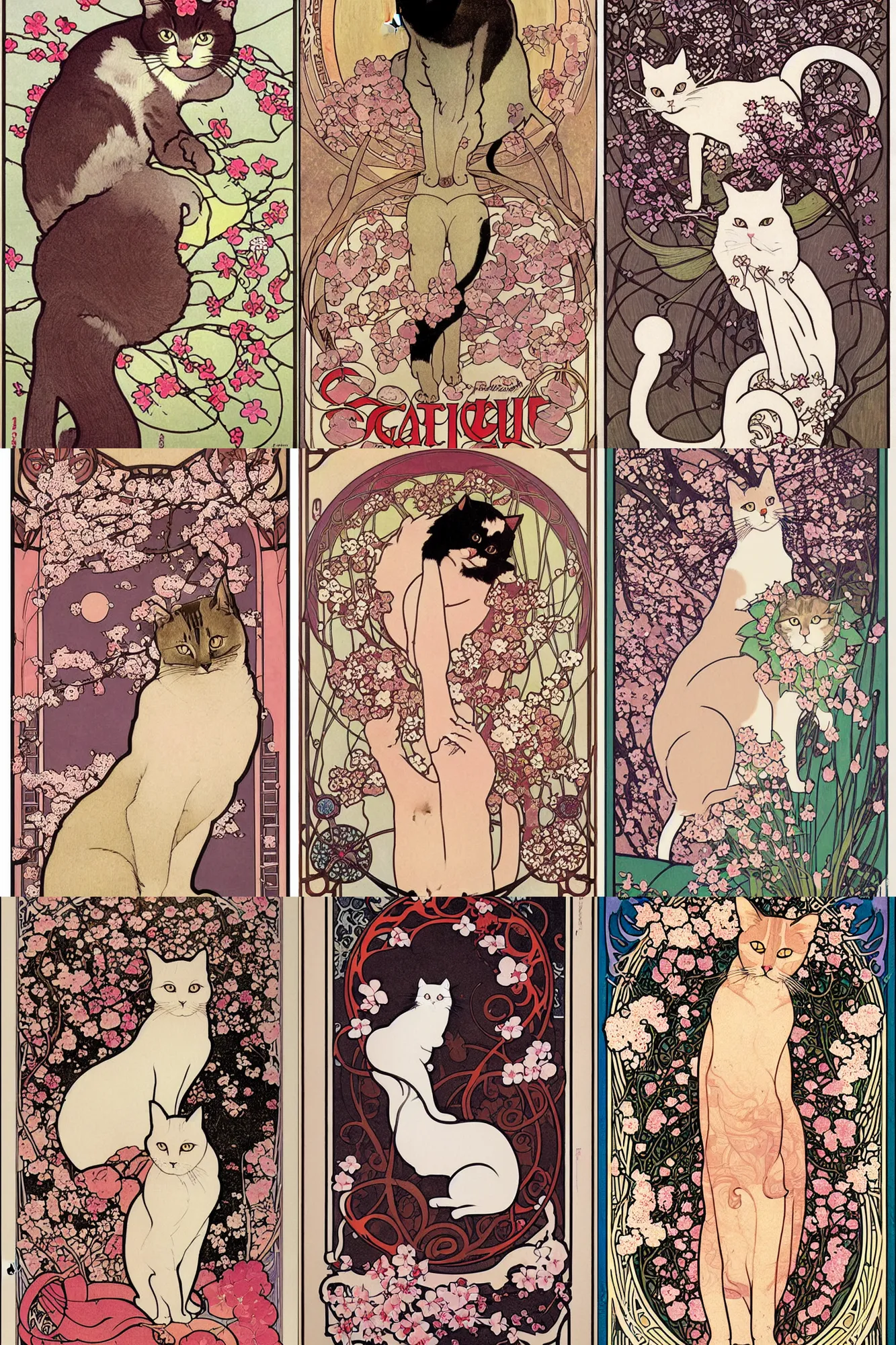 Prompt: Poster illustration of a cat, surrounded by cherry blossom, Art Nouveau by Mucha