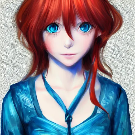 Image similar to portrait of a beautiful cute redhead from anime with big blue eyes, fantasy, intricate, elegant, highly detailed, digital painting, artstation, concept art, smooth, sharp focus, illustration