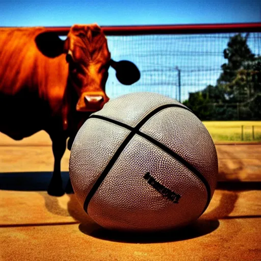 Prompt: a cow dribbling a basketball, cow, dribbling, basketball, award winning, photography, dramatic angle